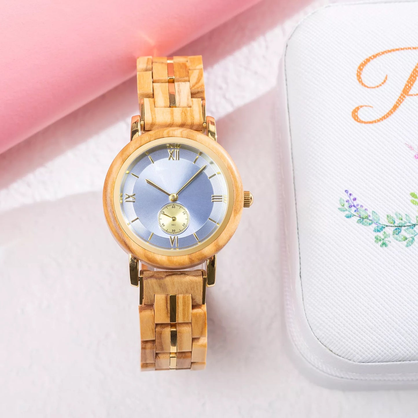 Feminine SkyBlue Round Dial Wooden Watch - For Woman