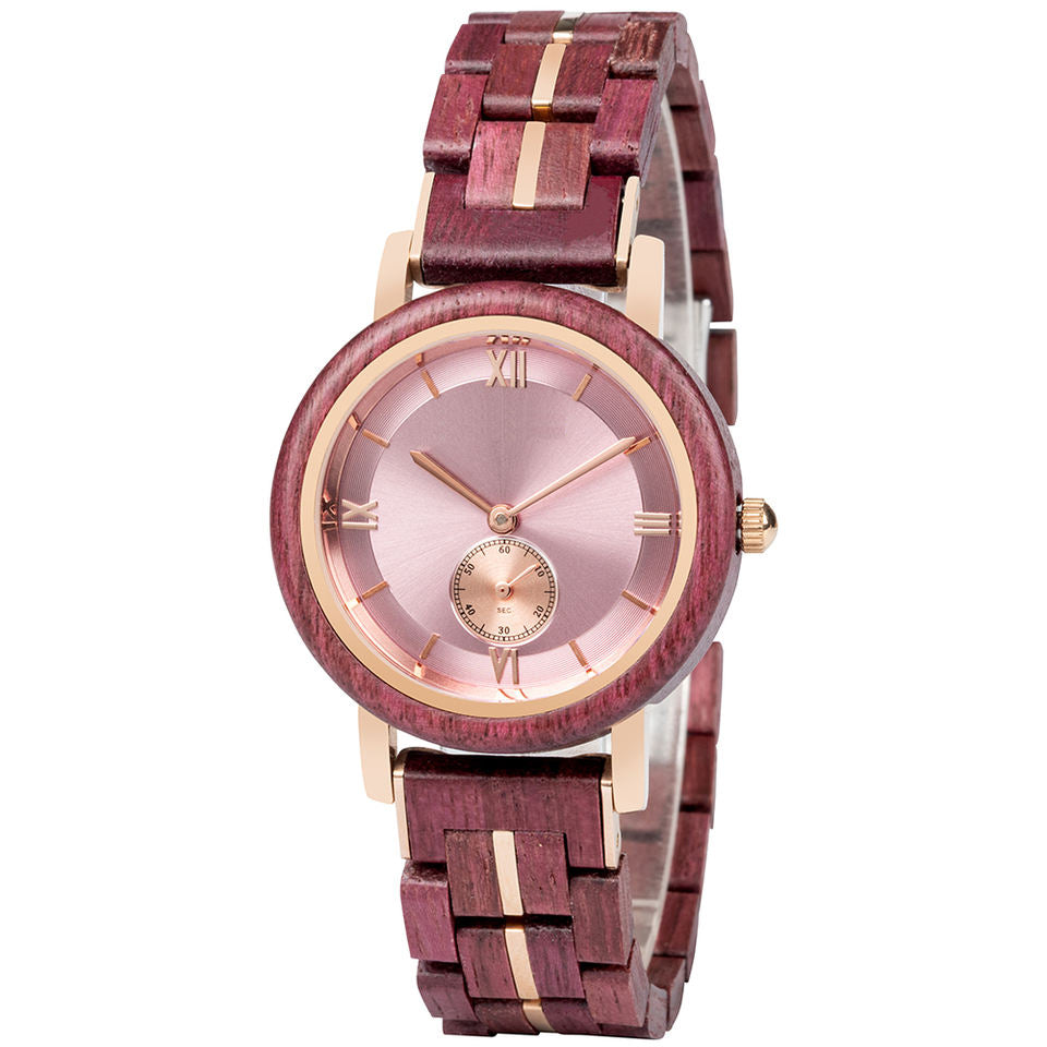 Feminine Pink Round Dial Wooden Watch - For Woman