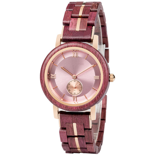 Feminine Pink Round Dial Wooden Watch - For Woman