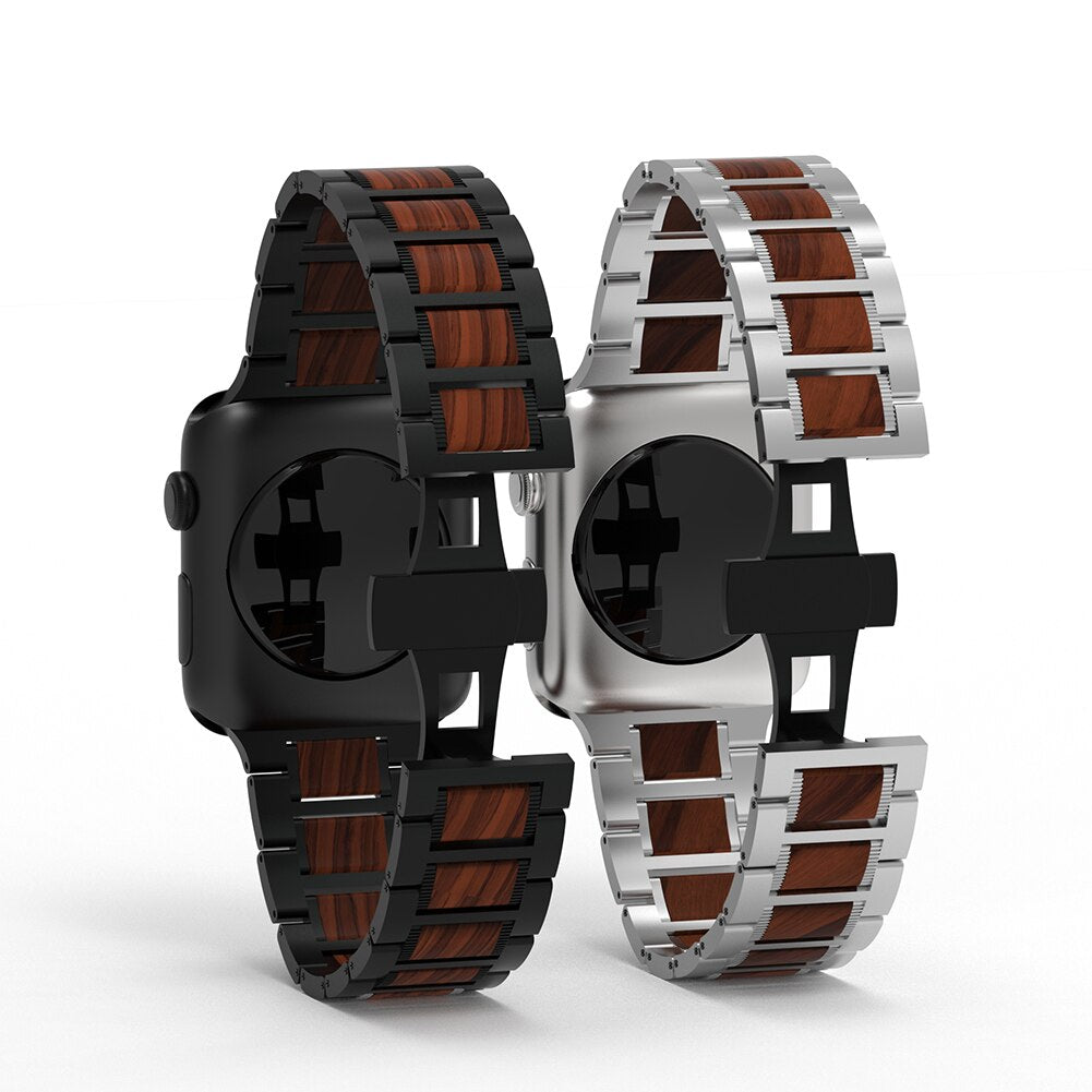 Walnut Wood + Stainless steel Strap - For Apple Watch