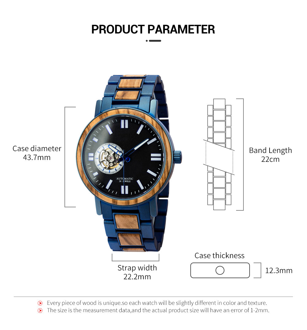 President Blue Mechanical Stainless Steel Wood Watch - For Man