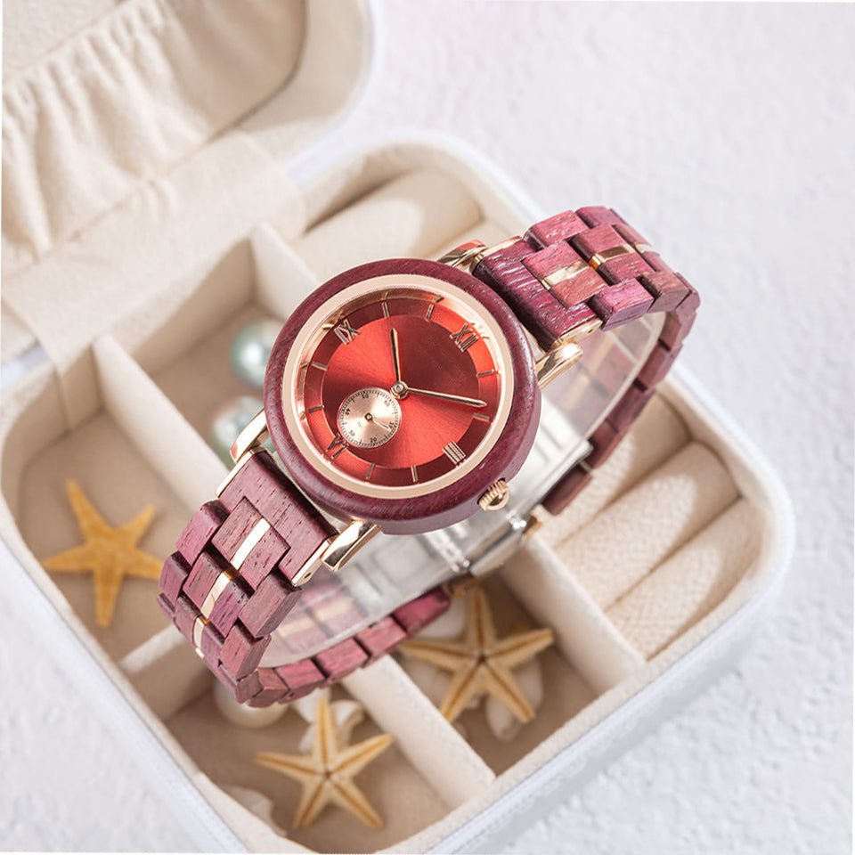 Feminine Red Round Dial Wooden Watch - For Woman