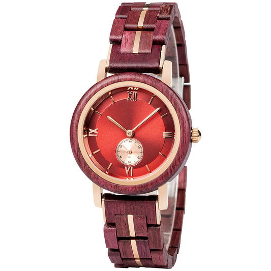 Feminine Red Round Dial Wooden Watch - For Woman
