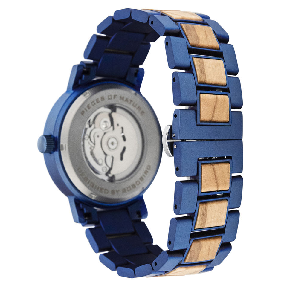 President Blue Mechanical Stainless Steel Wood Watch - For Man