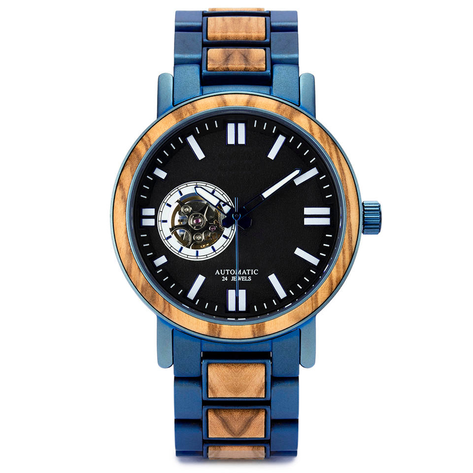 President Blue Mechanical Stainless Steel Wood Watch - For Man
