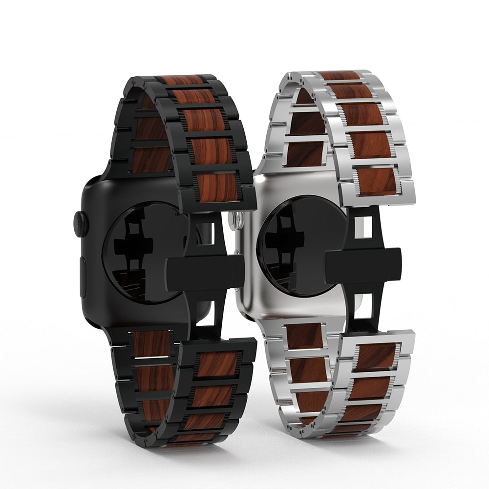 Walnut Wood + Stainless steel Strap - For Apple Watch