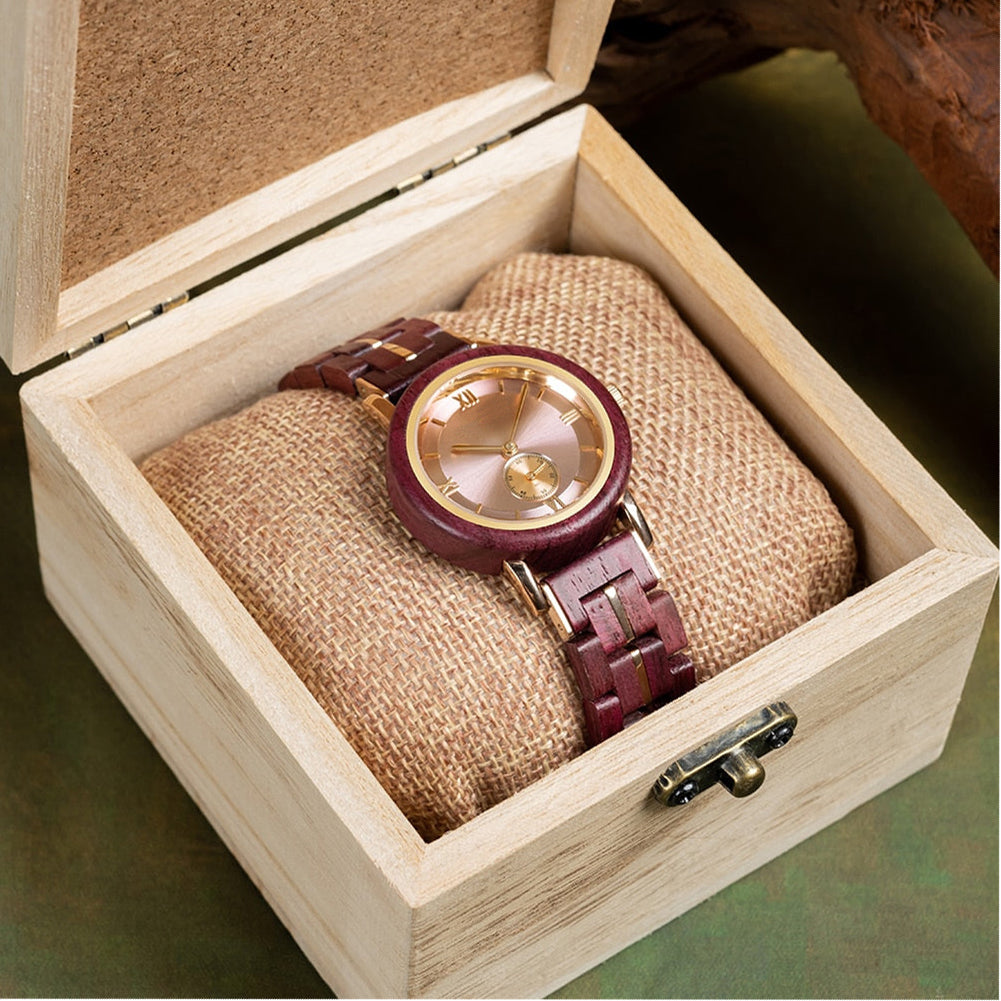 Feminine Pink Round Dial Wooden Watch - For Woman