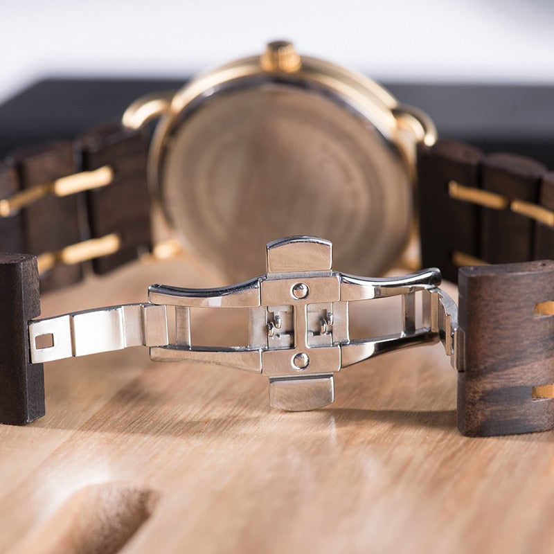 Top Luxury Ebony Wood and Golden Metal Watch - For Woman