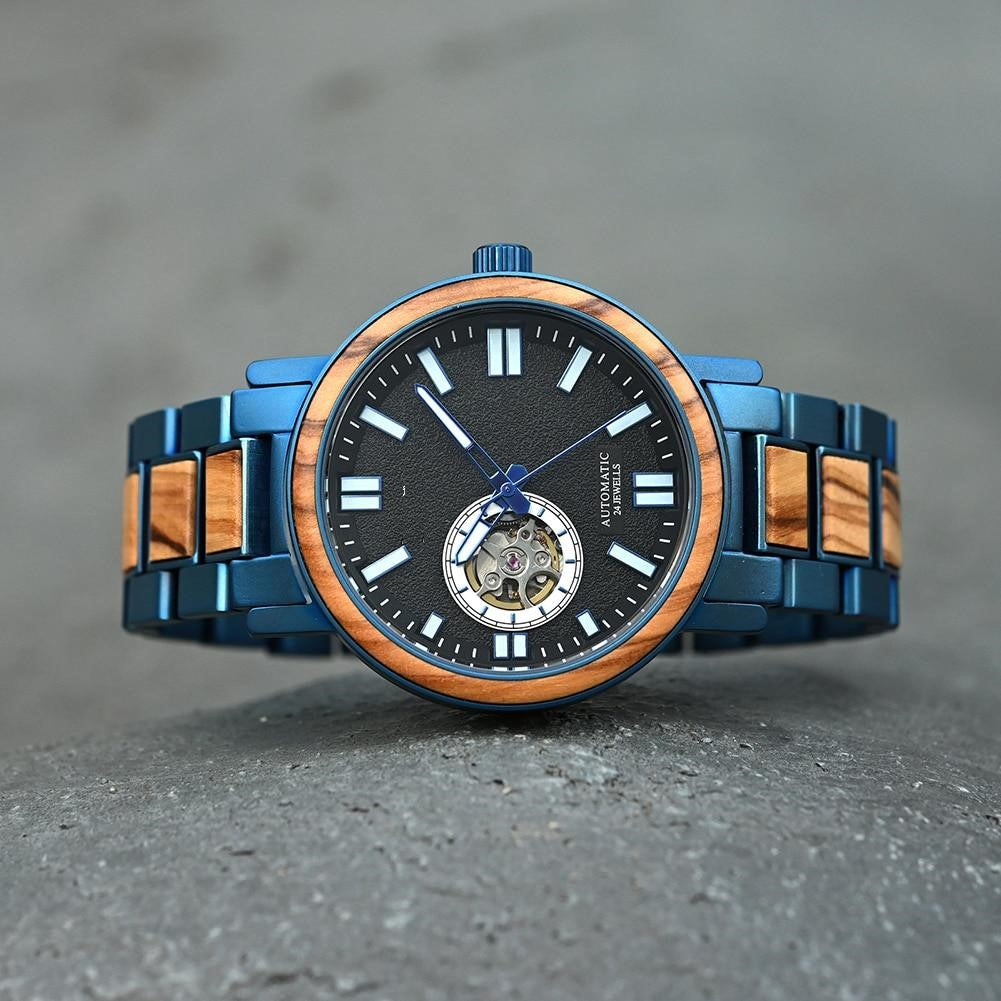President Blue Mechanical Stainless Steel Wood Watch - For Man