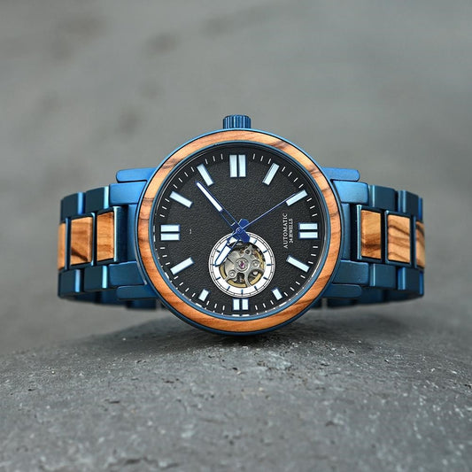 President Blue Mechanical Stainless Steel Wood Watch - For Man