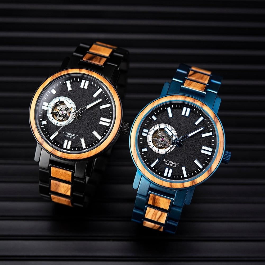 President Black Mechanical Stainless Steel Wood Watch - For Man