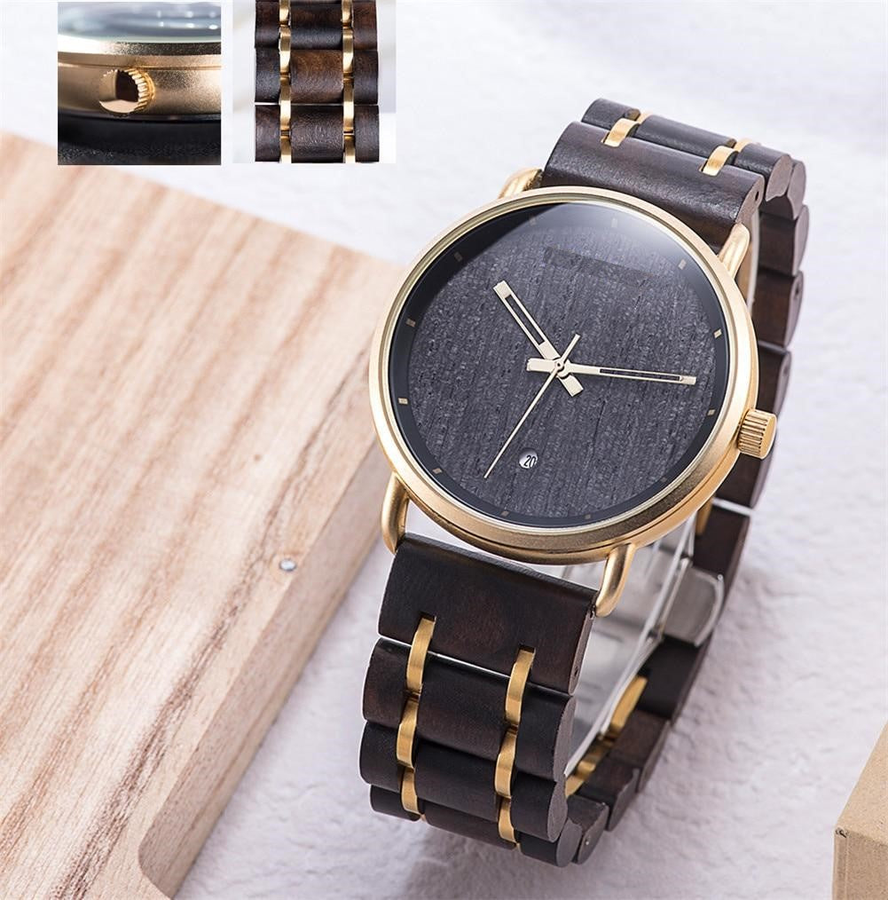 Top Luxury Ebony Wood and Golden Metal Watch - For Woman