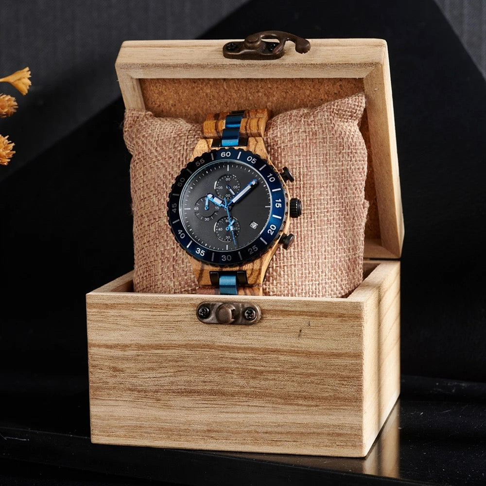 ZebraWooden Chronograph Watch For Man with Black Dial and Blue Bezel