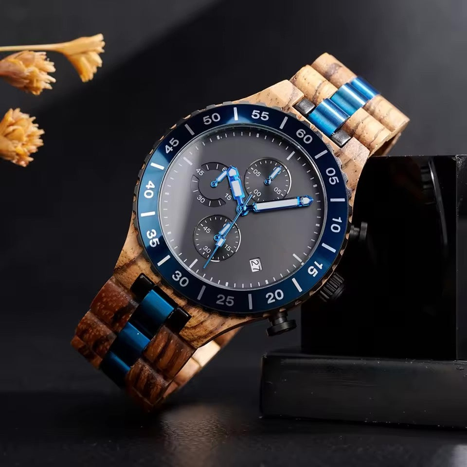ZebraWooden Chronograph Watch For Man with Black Dial and Blue Bezel
