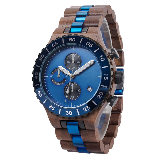 WalnutWooden Chronograph Watch For Man with Black Dial and Blue Bezel
