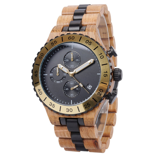 ZebraWooden Chronograph Watch For Man with Black Dial and Gold Bezel