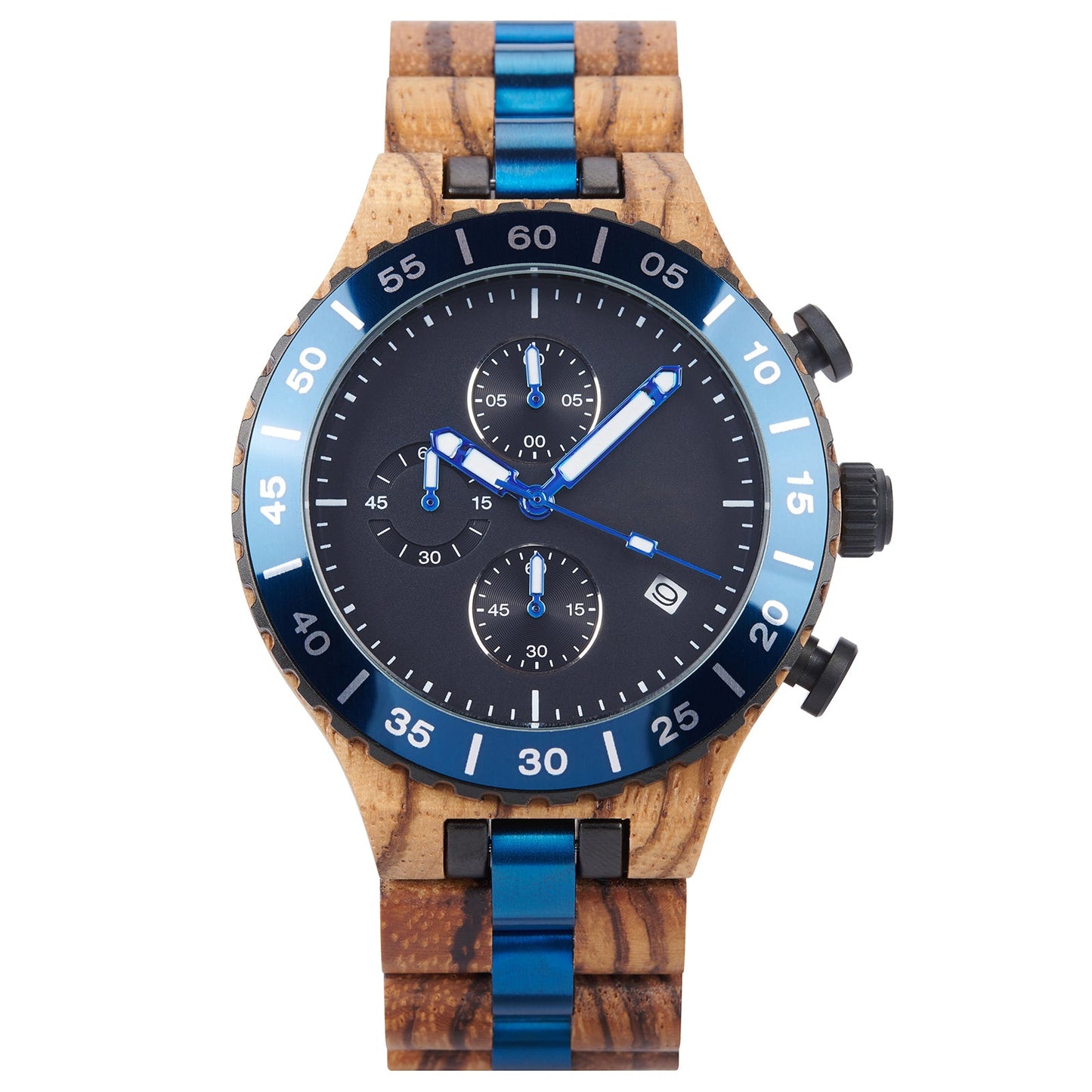 ZebraWooden Chronograph Watch For Man with Black Dial and Blue Bezel