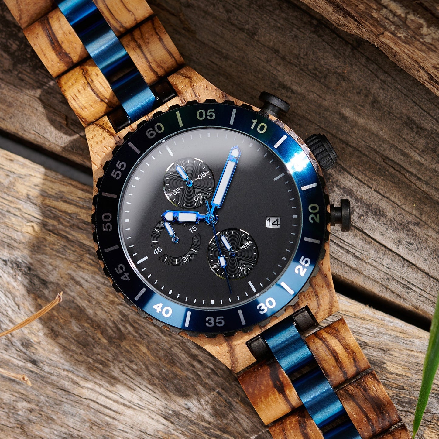 ZebraWooden Chronograph Watch For Man with Black Dial and Blue Bezel