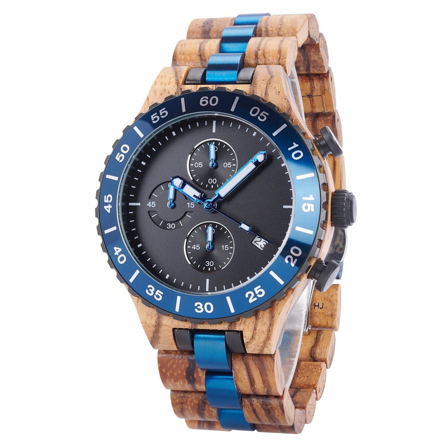 ZebraWooden Chronograph Watch For Man with Black Dial and Blue Bezel